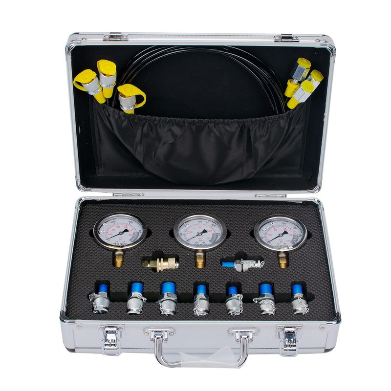 YFIXTOOL Hydraulic Pressure Test Kit for Excavator, Includes 9 Couplings, 3 Test Hoses, 3 Pressure Gauges (3500PSI/250bar, 6000PSI/400bar, 10000PSI/600bar) - Image 1